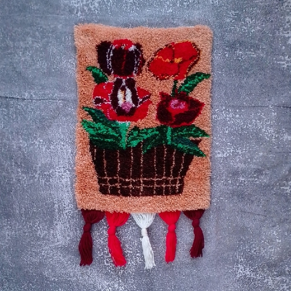 Vintage 70s Latch Hook Rug Floral Tapestry Wall Hanging with Tassels